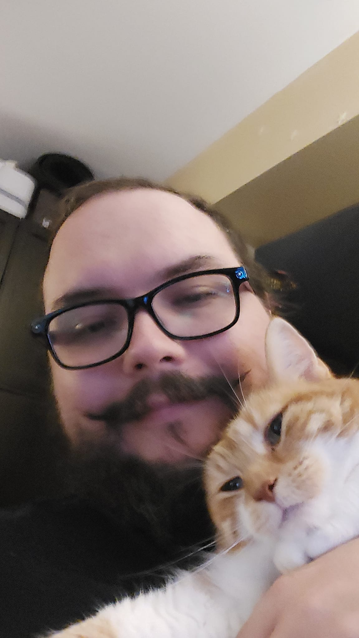 A man short hair and bushy facial hair holds an orange cat who is tollerating this behavious well